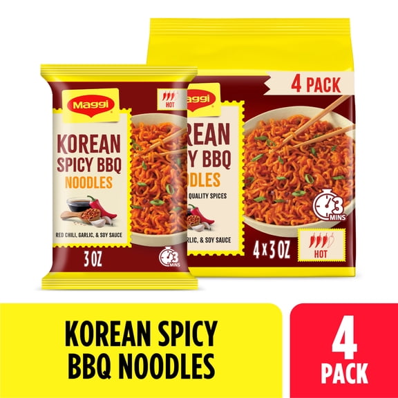 Maggi Korean Spicy BBQ Noodles, Korean Instant Noodles, 3 min, Spicy Ramen, 4PK 12.2 oz