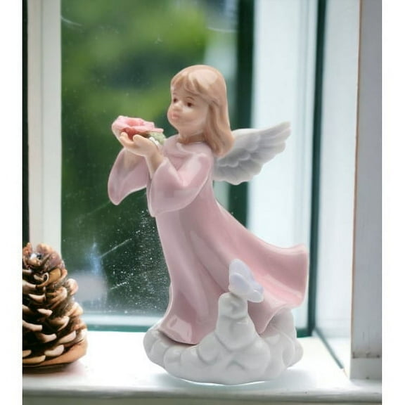 Ceramic Angel Girl Figurine 3x3x4 Inch Rose Flower Gift