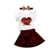 Newborn Baby Girl Valentines Day Outfit Short Sleeves Romper Bodysuit Tutu Skirt Dress Clothes Set
