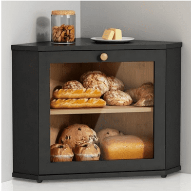 Corner Bread Box for Kitchen Countertop, Black Bread Storage Container for Homemade Bread, Two Layer Breadbox under Cabinet Mount, Large Bread Holder for Kitchen Counter, Panry Shelf