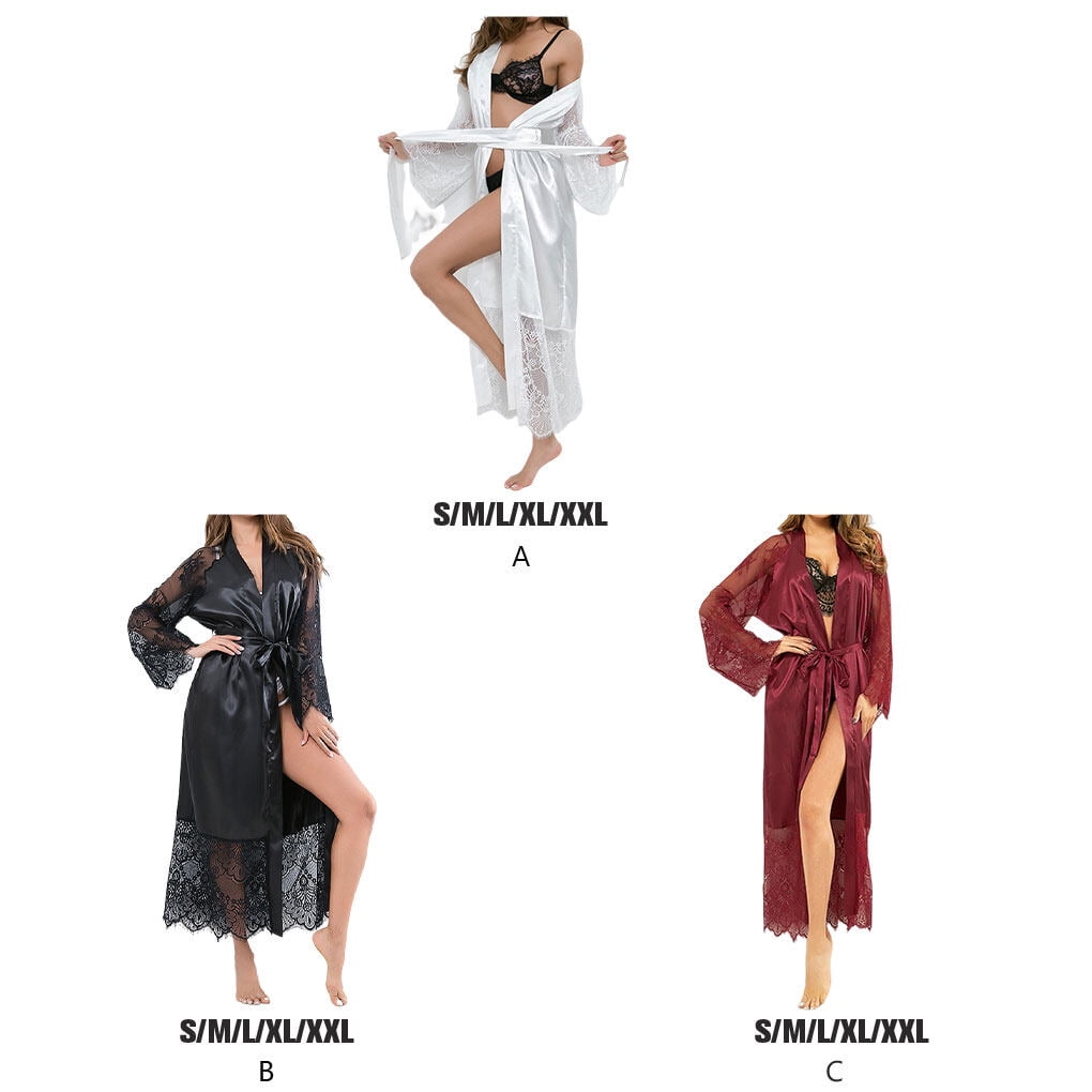 enqiretly Female Bathrobe Sexy Sleepwear Lingerie Long Satin Robes Nightgown Lace Gown Ladies Nightdress Loose Sleeve Clothes Wine Red S Walmart