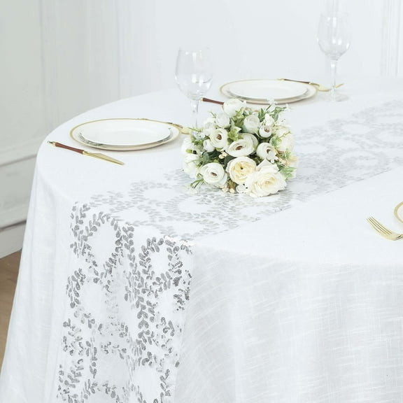 Efavormart 12"x108" Silver Leaf Vine Embroidered Sequin Mesh Like Table Runner