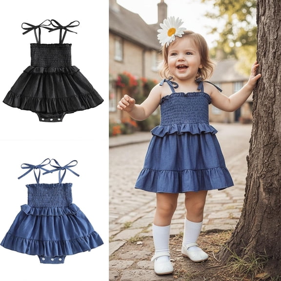 Lovzfmll Toddler's Sleeveless Smocked Romper, Solid Color Spaghetti Strap Jumpsuit with Ruffle Hem for Little Girls, Casual Summer Dressy Outfits for 0-3 Months