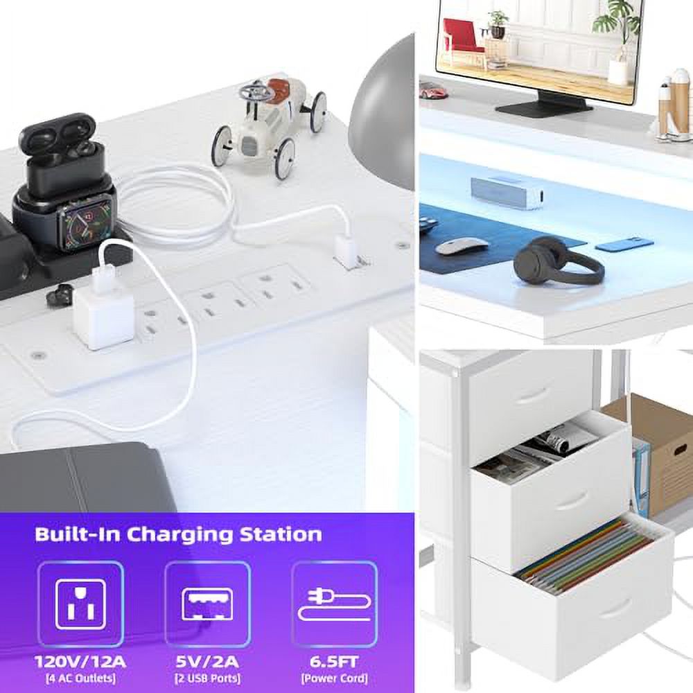 L Shaped Desk with Power Outlets & LED Lights, Computer Desk with Drawers & Shelves, Corner Desk Gaming Desk Home Office Desk