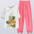 thumbnail image 3 of TNOBHG Women T-shirt Pants Suit 2 Pcs/set Women Top Pants Set Floral Print O Neck Loose Button Decor Half Sleeve Retro Elastic Waist Wide Leg Soft Breathable, 3 of 8