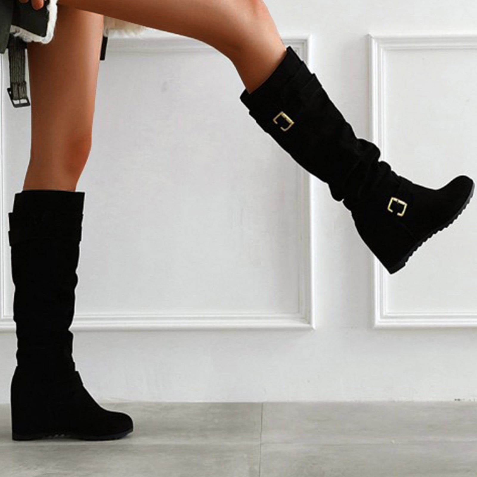 Knee High Office Sock Boots Black Leather Stiletto Heel Knee High