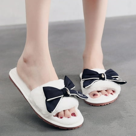 

MRULIC slippers for women Home Bow Keep Slippers Slip On Warm Furry Toe Shoes Home Plush Flat Open Women womens slippers house slippers for women Navy Blue + US:8.5