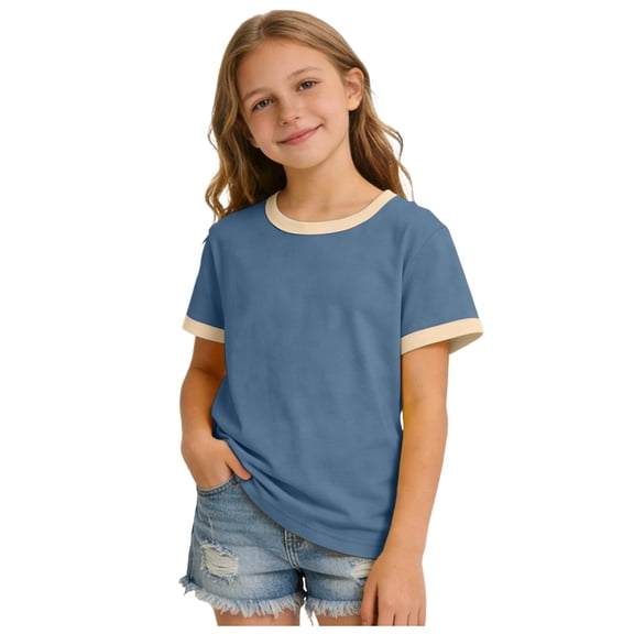 KPOPLK Toddler T Shirt for Girls Crewneck Top Short Sleeve Summer Shirt with Solid Basic Soft Tee 2T 3T 4T 5T 6T 7T 8T 9T Size 1-2 Years,Blue
