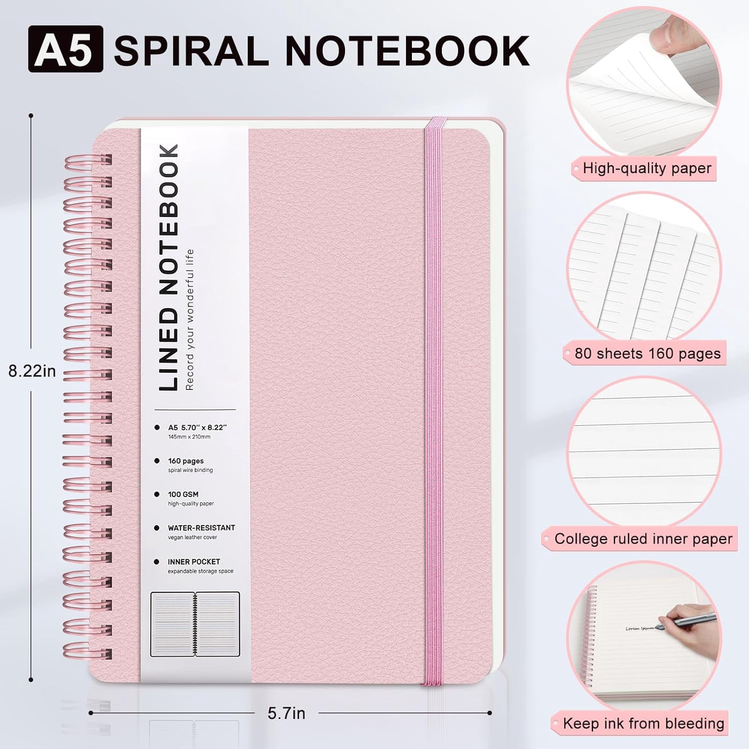 Lined Spiral Journal Notebook with 160 Pages, 8×5.7in, A5 Notebook, Journaling Notebooks for Work, School, Women, Men, College Ruled Hardcover Leather Journals, Pink