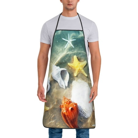 

Uemuo Seashell On The Beach Printed Bib Apron Adjustable Water and Oil Resistant Cooking Kitchen Chef Apron for Women Men