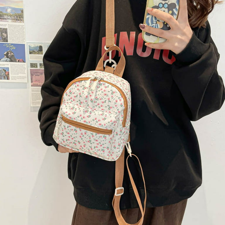 brown canvas mini small backpack Floral Canvas Mini Backpack Purse for Women, Small Casual Travel Backpack  (Brown)