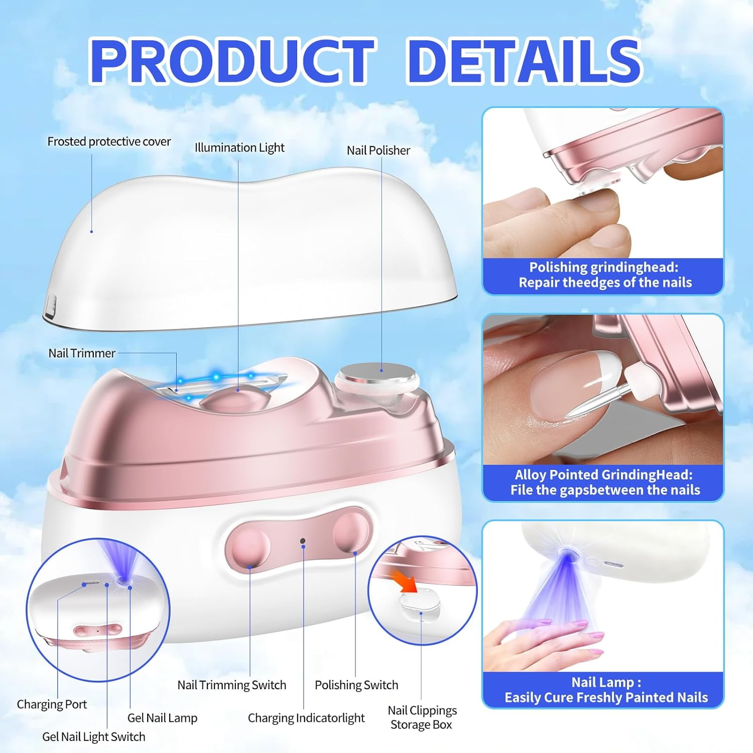 ABPETE 4-in-1 Electric Nail Clipper for Seniors Adults Kids,Electric Nail Clippers with 2 Speeds,LED Gel Nail Lamp,2 Grinders & Storage, Rechargeable Electric Toenail Clipper for Thick Nails