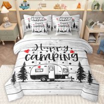 Homewish Happy Camping 7pcs Bedding Comforter Set,Camper Car Rv Queen Bedding Sets,Old Wooden Board Queen Sheet Sets For Teens Girls,Super Cozy Room Decor Reversible