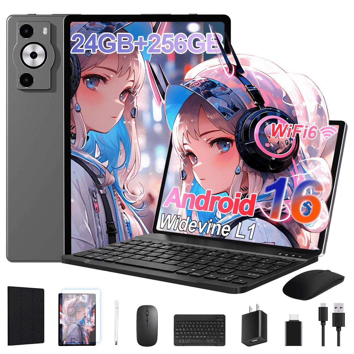 Android 16 Tablet,10.1 inch Tablet, Octa-Core Processor, 24GB RAM 256GB ROM,,1280x800 HD IPS Touch Screen, GPS, 8H Battery, WiFi 6, Dual Camera (Gray)