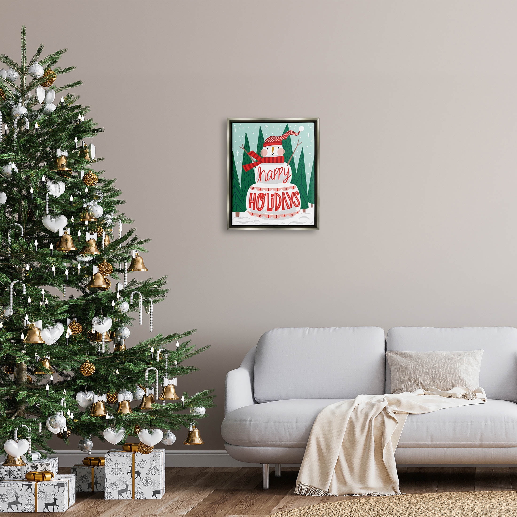 Happy Holidays Happy Snowman Holiday Graphic Art Luster Gray Framed Art Print Wall Art
