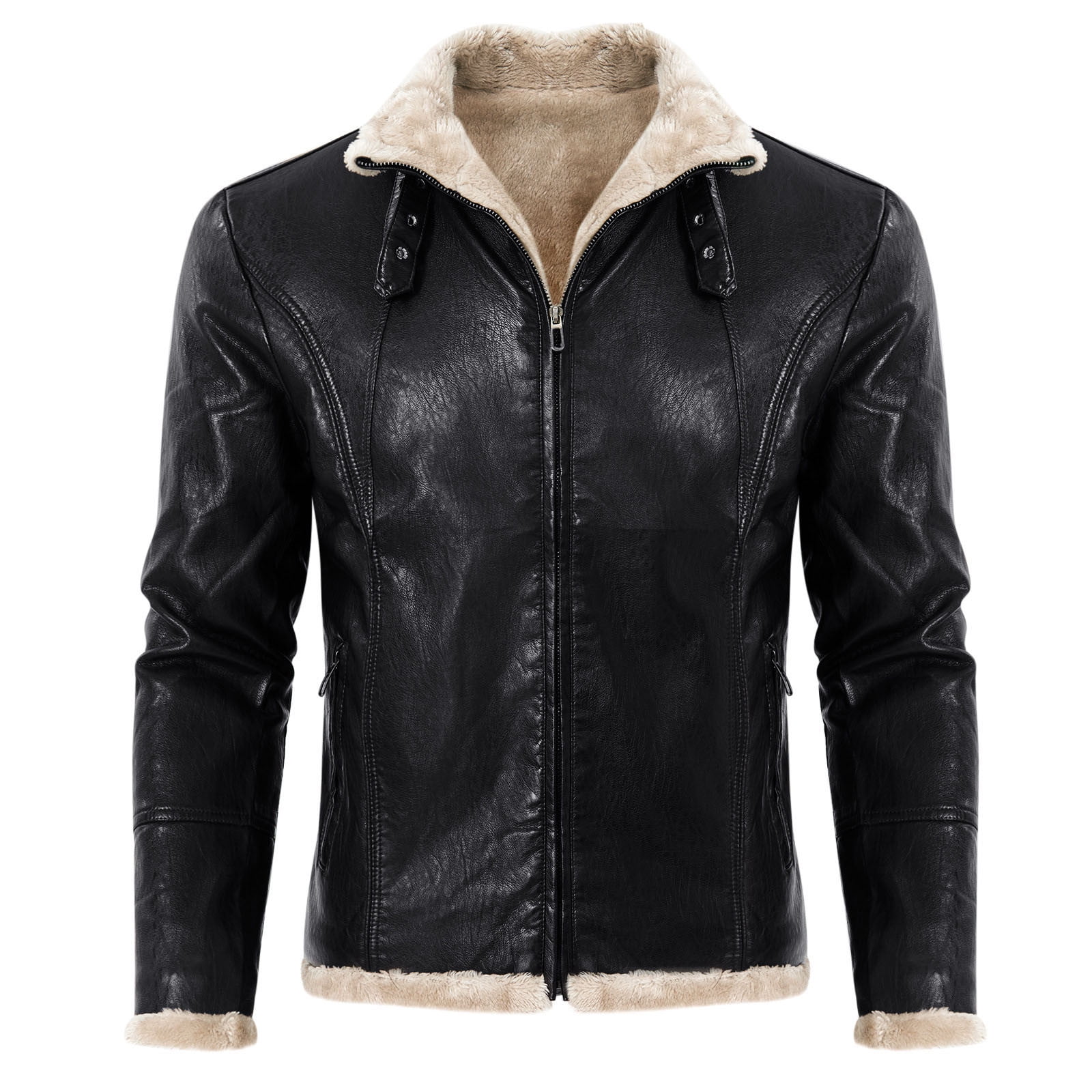 YLSDY Fashion Men's Casual Faux Leather Zip Up Long Sleeve Bomber Jacket Fashion Suede Sherpa Jacket Trendy PU Coat with Pockets Black XL