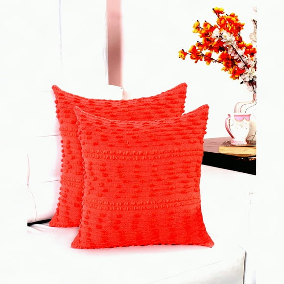 Coral Farmhouse Boho Tufted Pillow Covers - Set of 2 18x18 Inch Hand Woven Cotton Decorative Throw Pillowcases for Couch, Sofa, Bedroom - Textured Hug Pillows