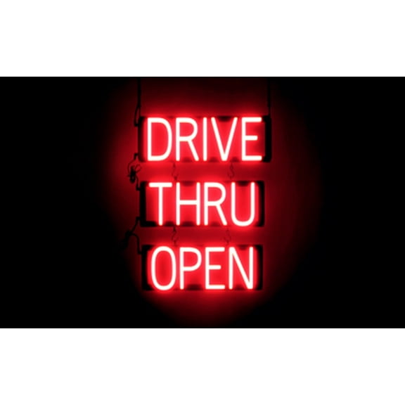 SpellBrite DRIVE THRU OPEN LED Sign for Business. 18.0" x 23.8" Red DRIVE THRU OPEN Sign Has Neon Sign Look With Energy Efficient LED Light Source. Visible from 500 Feet, 8 Animation Settings.