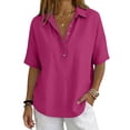 thumbnail image 4 of Cotton Linen Tops for Women Short Sleeve Collared Blouses Shirt Loose Fit 1/2 Button Summer Vacation Travel Daily Wear, M, 4 of 7