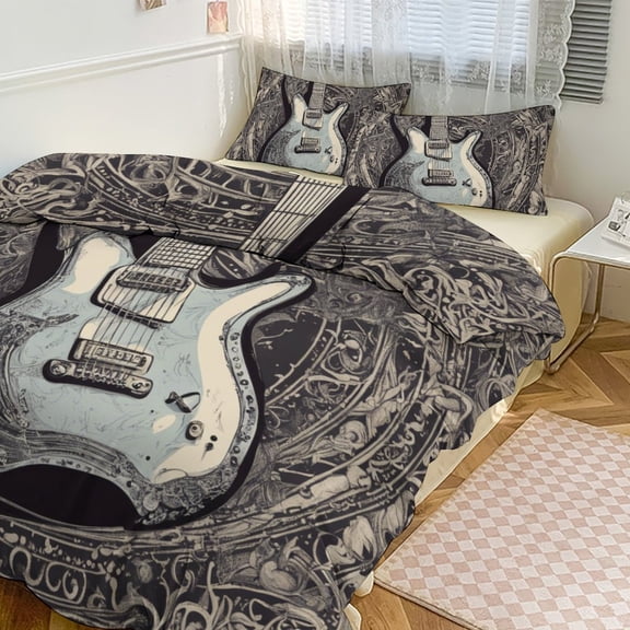 3 Pcs Soft Bedding Set, Includes 1 Duvet Cover with Zipper And 2 Pillow,Shams Vintage Guitar With Wings Twin(86"x70")