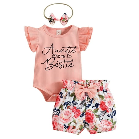 

Lumento Newborn Loose Beach 3Pcs Outfit Suit Elastic Waist Ruffled Bodysuit Casual Snap Buttons Shorts Tops + Headband