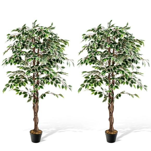 Gymax Artificial Ficus Tree Tall Faux Indoor Plant w/ 1008 Leaves Natural Wood Trunk
