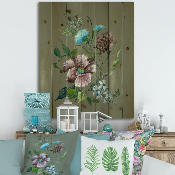 Designart 'Turquoise and Purple Spring Flowers' Traditional Print on Natural Pine Wood