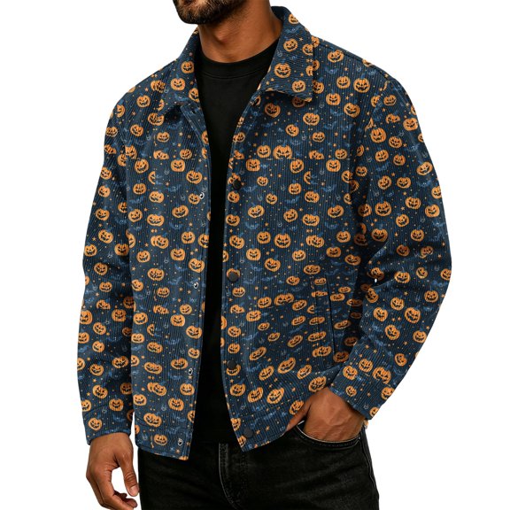 Mens Halloween Corduroy Jacket Lapel Collar Button Down Shirt With Pockets Long Sleeve Pumpkin Ghost Print Loose Fit Fall Winter Shacket Jackets