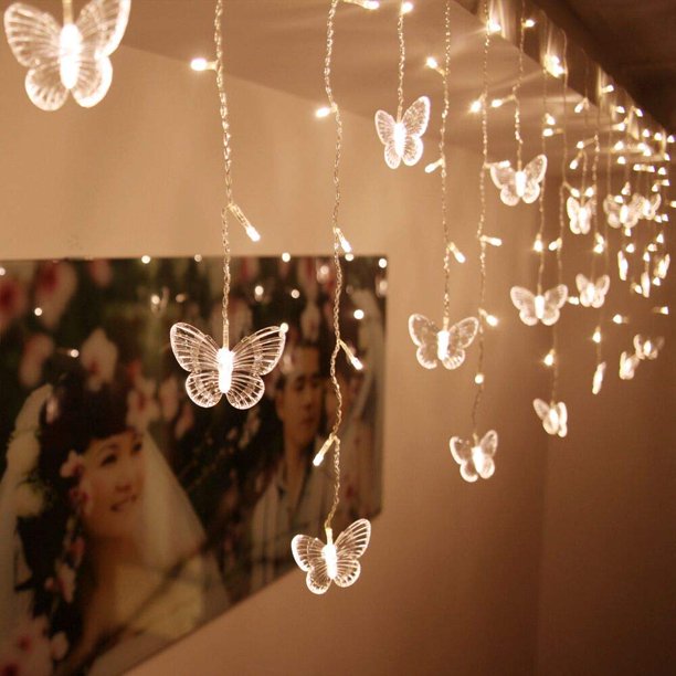 BJYHIYH Luces de cortina LED alimentadas por USB, 8 modos, cadena de luces para cortina de ventana, luces centelleantes de mariposa para decoración navideña de dormitorio (blanco cálido)