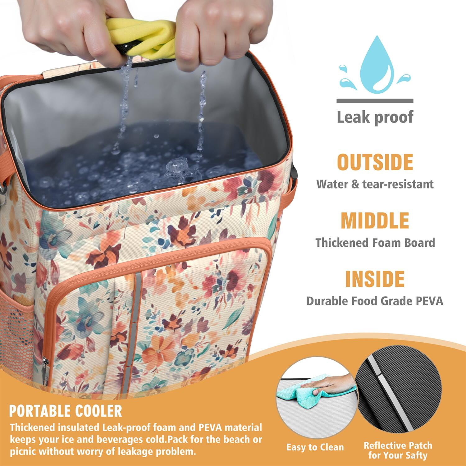 Travel Cooler Bag - Pioneer Flower Floral Print Pattern Camping Beer Cooler Backpack with Bottle Opener- Waterproof Insulated Picnic Backpacks - Cooler Bag for Beach