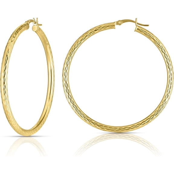Floreo 10k Yellow Gold 15mm x 3mm Diamond Cut Round Tube Hoop Earrings