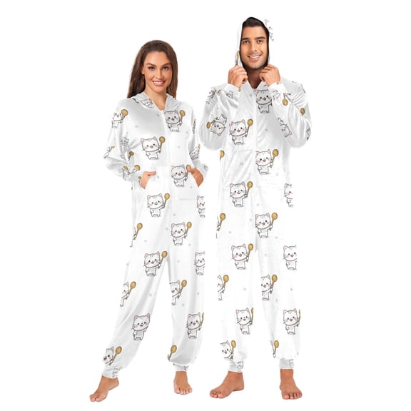 Adult Christmas Onesie Cute Cat Holding A Spoon Adult Zipper One-Piece Pajamas Unisex Pajamas with Pockets