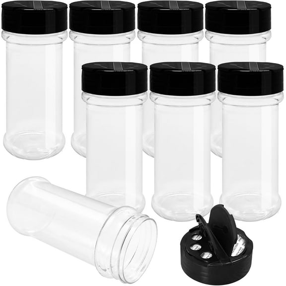 HYOWUIER 8 Pack 5.5 Oz Plastic Round Spice Bottles with Black Shaker Lids,Reusable Seasoning Containers Jars,Clear Plastic Bottle Containers with Shaker Lids for Powders,Spice,Herbs,Glitters
