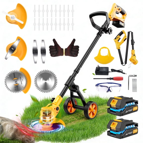 Lemolifys 6-inch Weed Eaters with Wheels & 3 Blades, 21V Battery String Trimmer for Lawn Yard Garden