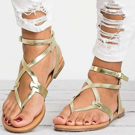 

CAICJ98 Womens Shoes Sandals for Women Strappy Sandal Adjustable Flat Sandals with Buckled Ankle Strap Simple Classic Sandals Ladies Sandals Gold