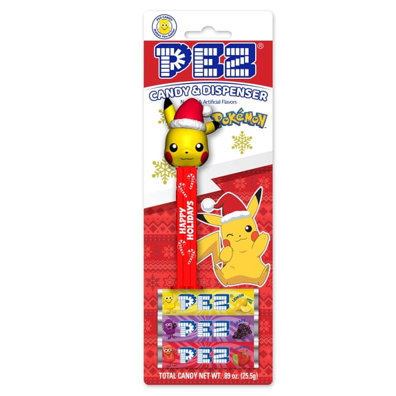 PEZ Candy Christmas Pikachu with Red Santa Hat, 1 Candy Dispenser Plus 3 Rolls Assorted Candy, 1 Count, 0.89oz