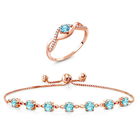 Gem Stone King 4.17 Ct Round Swiss Blue Topaz 18K Rose Gold Plated Silver Ring and Bracelet Jewelry Set (Size 9)