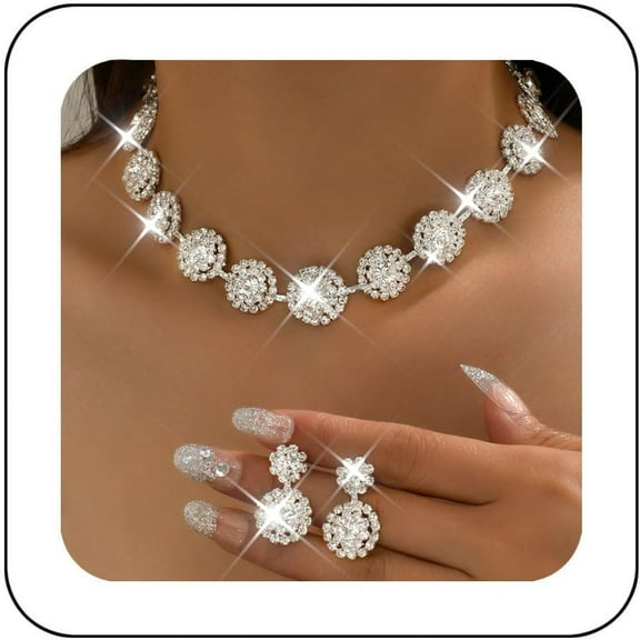Rhinestone Wedding Jewelry Set Silver Bridal Necklace Earrings Sets Formal Costume Jewelry for Women
