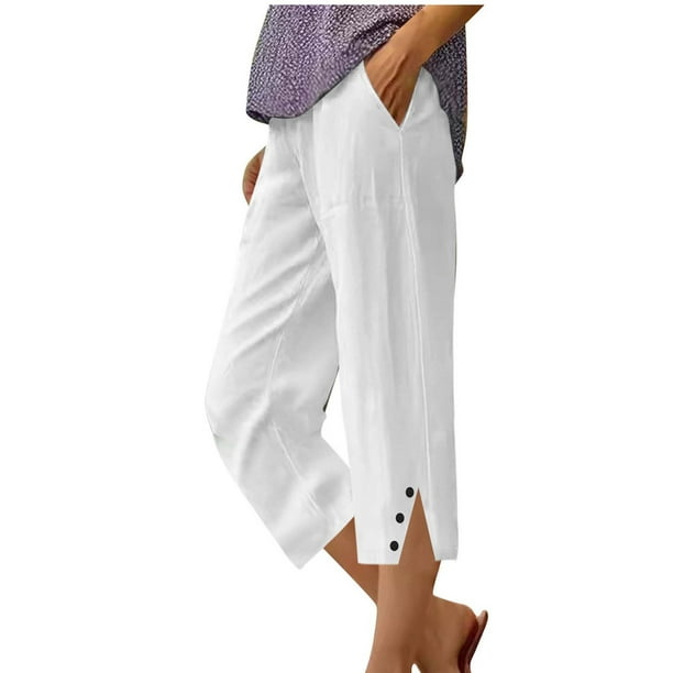 Capri Pantalones para Mujeres Casual Verano Color Sólido Lino, Bolsillos Cintura Elástica Pantalones Cortos Ligeros