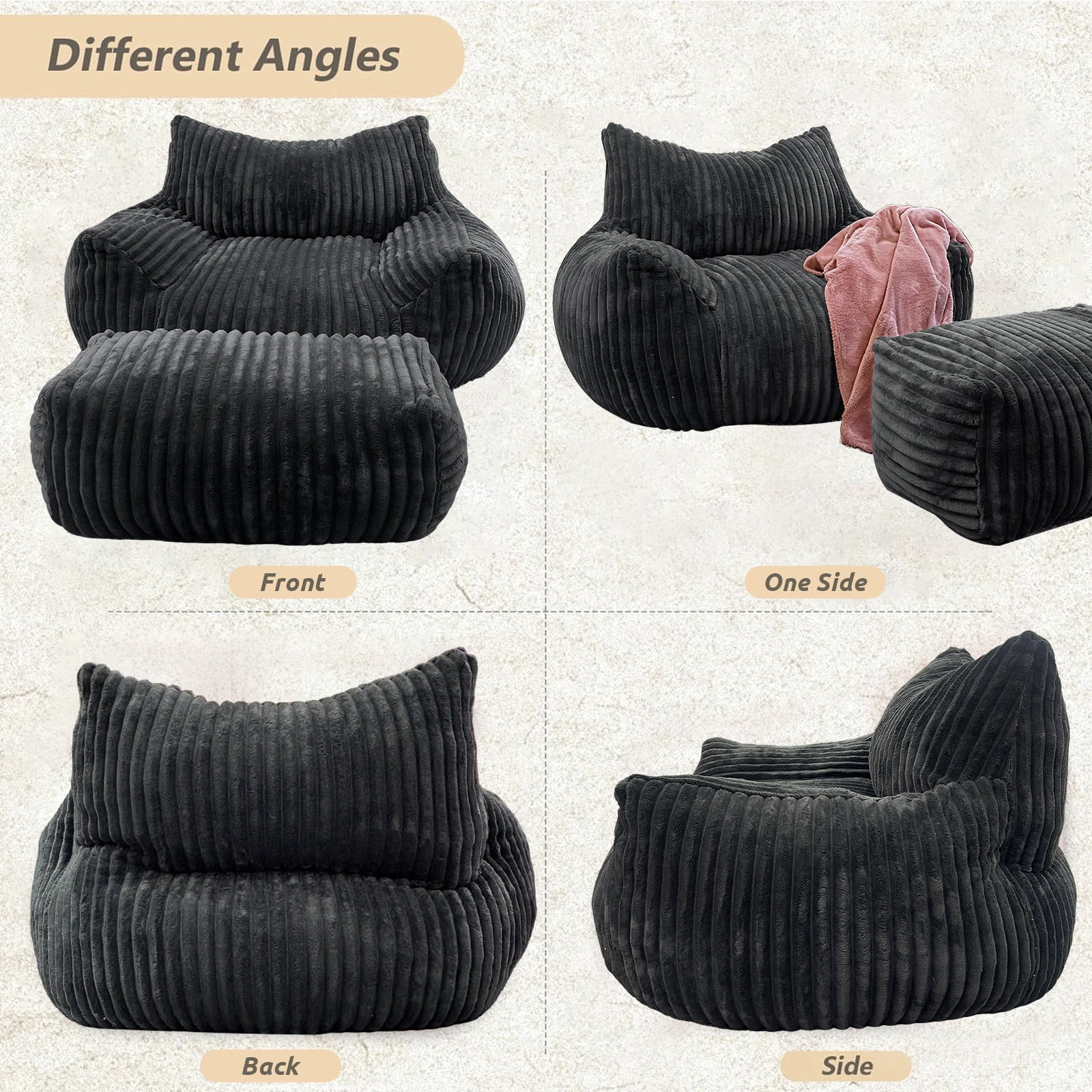 Bean Bag Chairs for Adults Teens with footrest, Cozy Fluffy Single Mini Couch,Large Bean Bag Sofa Chairs with Filling Comfy with Armrests for Reading,Living Room, Bedroom. (Black, with footrest)