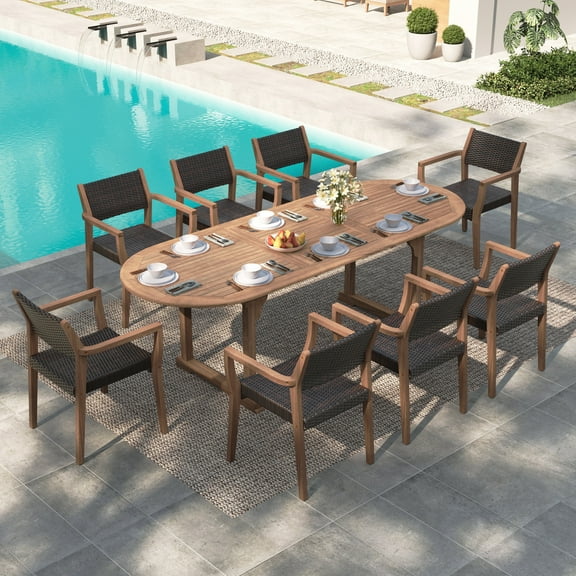 MF Studio 9-Piece Acacia Wood Outdoor Patio Dining Set with Extendable Table and Rattan Chair for 8 People, Wood Frame & Wicker Seat, Dark Brown