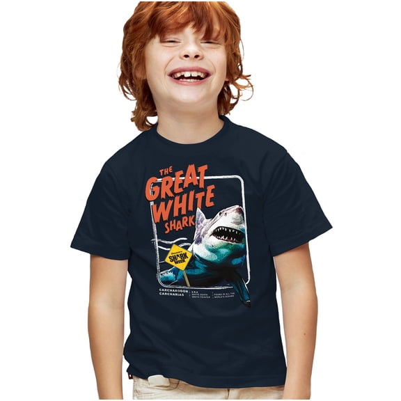 Shark Week Officially Licensed Great White Kids T Shirt for Youth Boys and Girls, Navy, X-Large