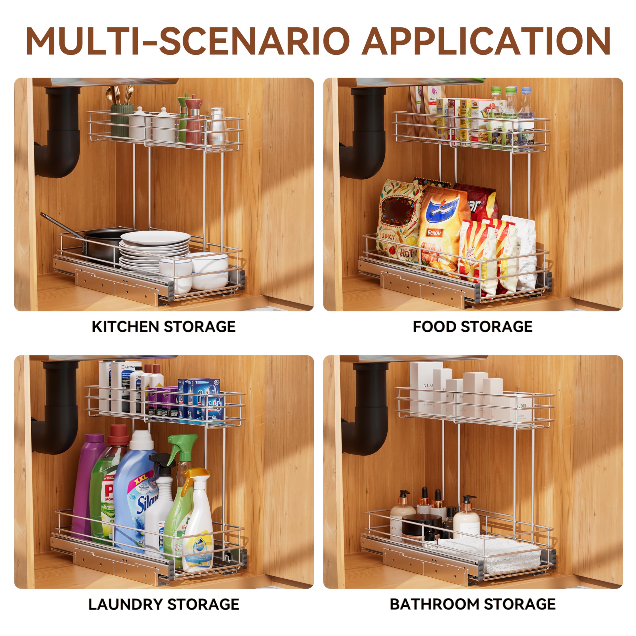 STORKING 2 Tier Under Sink Pull Out Cabinet Organizer Slide Wire Shelf Basket for Kitchen Base Cabinets 9" W 18.5" D 16" H