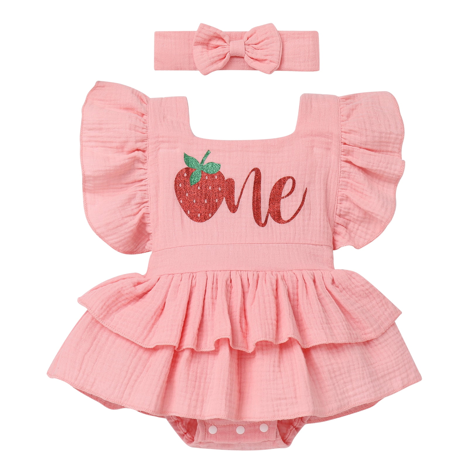 IBTOM CASTLE Baby Girls 1st Birthday Outfit Watermelon Strawberry One Boho Romper Tutu Dress with Headband for Cake Smash Photo Shoot 12-18 Months Pink - Strawberry