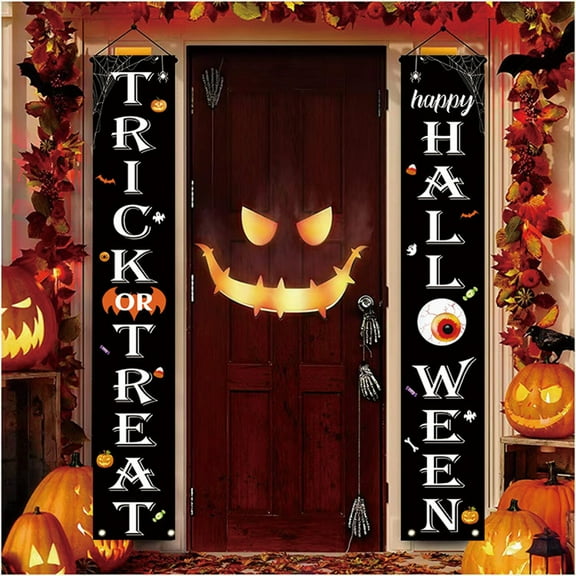 MInHoues 2 Pack Halloween Vertical Porch Banner Set, 71 Inch Pocus Themed Witch Ghost Pumpkin Bat Door Sign for Indoor Outdoor Front Door Wall Yard Party Decor