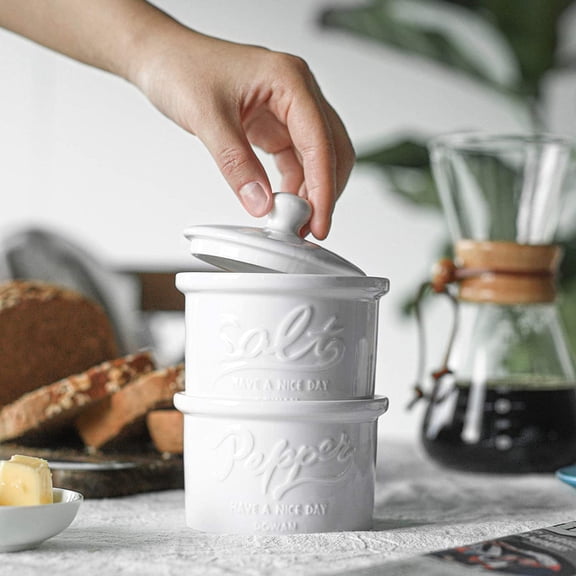 DOWAN 8Oz Lidded Ceramic Salt and Pepper Bowl Set of 2, Farmhouse White Salt &Pepper Cellars, Stackable Seasoning Container, Non-Slip Base, Dishwasher Safe