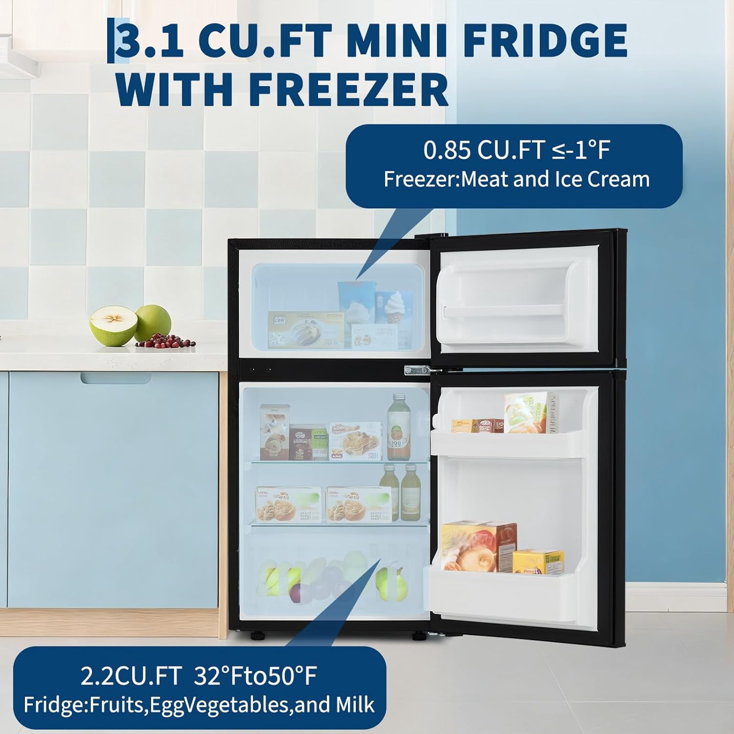 3.1 Cu.Ft Mini Fridge with Freezer, Compact Refrigerator with Double Door, Adjustable Thermostat, Mini Refrigerator for Kichten, Apartment, Bedroom, Office, Black