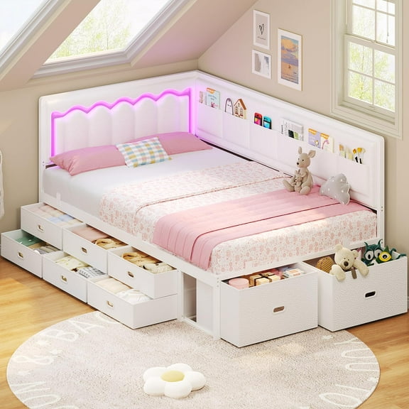 Twin Size Corner Bed Frame with 8 Drawers, 6 Storage Pockets,Twin Daybed with RGB Lights Wave,Upholstered Platform Bed with L-Shaped Guardrail,Grey