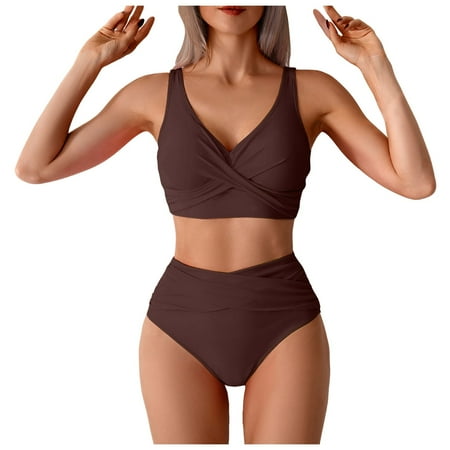 2DXuixsh 2Pcs Women s 2 Piece Bikini Set Summer Tankini Beachwear Belly Covering High Waist Swimsuit Bikini Bottom Swimwear Sexy Two Piece Swimsuit Coffee Size S
