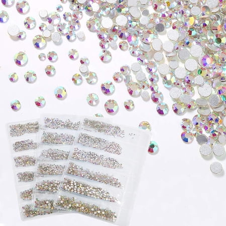 3 packs Rhinestones for Nails, Nail Crystals AB Nail Art Rhinestones Nail Diamonds Nail Gems and Rhinestones, Flat Back Round Glass ab Nail Jewels Charms, 6 Sizes for Nails Decorations